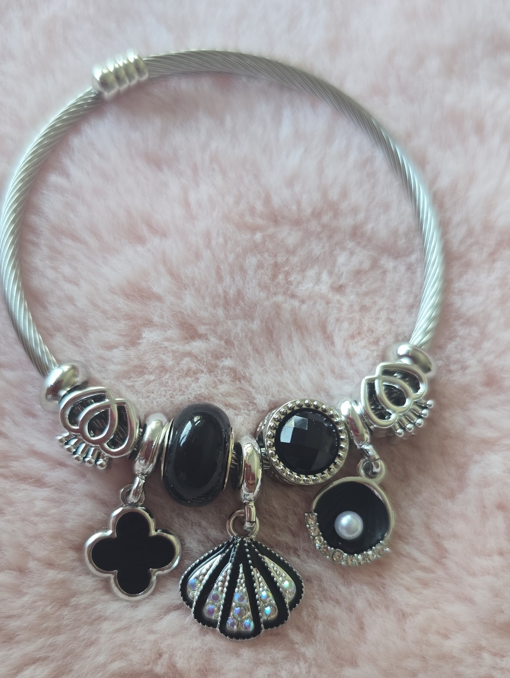 Silver-Tone Black Charm Bangle Bracelet